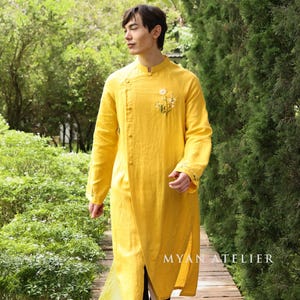 Vietnamese men ao dai with hand embroidery, Linen ao dai for men, Traditional Vietnamese men outfit, Mens tunic, Custom men ao dai LADM-2B