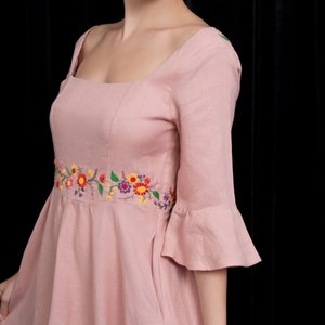 Hand-embroidered pink dress QUINN, Embroidered floral dress, Mother of the bride dress, Linen women dress, Custom dress, Square neck dress