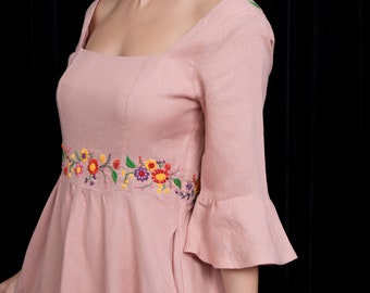 Hand Embroidered Square Neck Linen Dress QUINN, Wedding Guest Dress, Custom fit