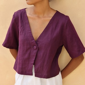Linen top button front VARENNA, Linen short sleeve shirt, Button front V-neck linen blouse, Casual top, Linen crop top, Women linen top