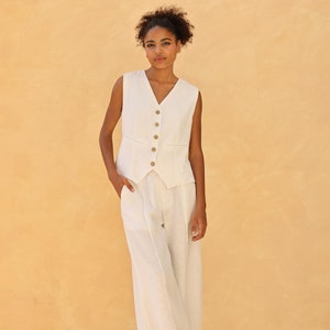 Linen vest and wide leg trousers set UMA, Front button vest, Linen wide pants, Linen two piece set for women, Classic waistcoat, Custom size