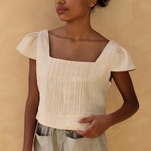 Linen pleated top front VIOLA, Cap sleeve top, Square neck top, Linen tank top, Comfy linen crop blouse, Women crop top, Casual top woman
