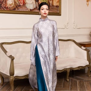 Vietnam women dress, Silk ao dai for women, Vietnamese long dress, Ao dai women with pants, Gray Vietnamese dress, Plus size ao dai AS120
