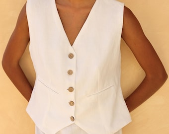 Button front linen top ELODIE - Sleeveless linen vest - Made to measure