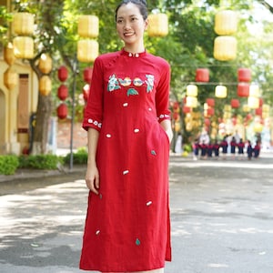 Wedding ao dai, Linen ao dai for couple, Ao dai wedding for couple, Custom embroidery ao dai wedding, Red wedding ao dai for couple ELA-W37