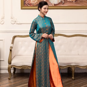Traditional dress of Vietnamese, Front slit dress, Silk ao dai for women, Ao dai women with pants, Vietnamese wedding guest dress AS92