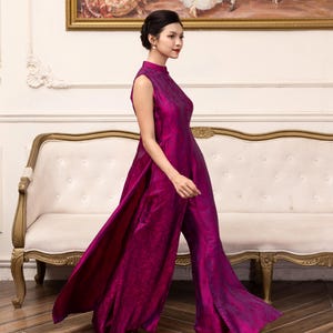Sleeveless ao dai, Front slit dress, Modern ao dai, Ao dai with pants, Silk ao dai for women, Plus size ao dai, Pink Vietnamese dress AS85