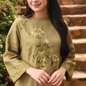 Hand-embroidered ao dai women, Embroidered flowers linen ao dai, Vietnam women dress, Vietnamese tunic dress, Ao dai plus size ELA-W42