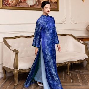 Vietnamese long dress, Silk ao dai for women, Traditional Vietnamese dress, Ao dai with pants, Blue Vietnamese dress, Plus size ao dai AS114