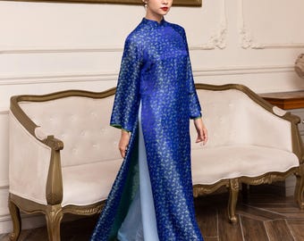 Vietnamese long dress, Silk ao dai for women, Traditional Vietnamese dress, Ao dai with pants, Blue Vietnamese dress, Plus size ao dai AS114