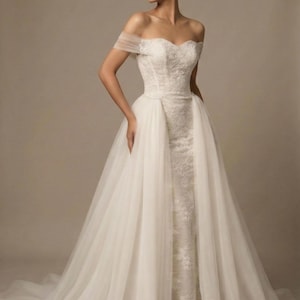 VELOURA | Lace Wedding Dress | Detachable Tulle Overskirt | Off Shoulder | Mermaid Bridal Gown