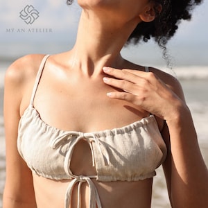 Linen tank bra, Crop bralette top with tie-ups, Organic linen bra, Comfortable bra, Custom bra, Home wear bra, Linen bra top, Sleepwear
