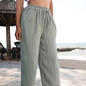 Pants with pleated hem EDNA, Tie up linen trousers, Linen pants with drawstring waist, Linen high waist pants, Elastic waistband linen pants