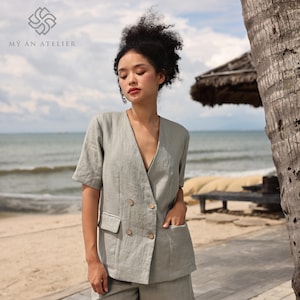Leinen Weste und Shorts Set BARON, Weste mit vorderen Knöpfen, Leinen Hose mit 2 Stück, Leinen zweiteiliges Set für Frauen, Leinen Top und hoch taillierte Shorts Set