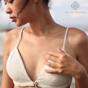Thin strap bra, Removable padded bra, Linen triangle bra for women, Linen bralette, Comfortable bra, Custom organic bra, Everyday bra