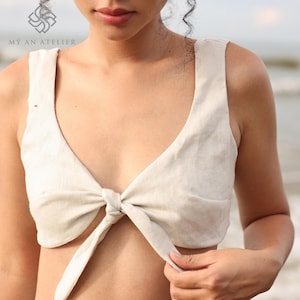 Linen bralette for women, Organic bra, Comfortable bras for women, Tank top bra, Plus size bralette, Linen front tie crop top, Beachwear