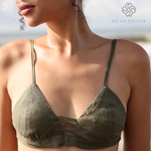 Soft triangle bra for women, Linen bralette, Organic linen bra, Comfortable breathable bra, Thin strap bra, Summer bra, Custom size bra
