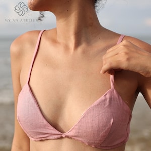 Soft triangle bra for women, Ladies bra size, Organic linen bra, Comfortable breathable bra, Thin strap bra, Personalized bra, Beachwear