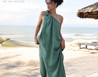 One shoulder linen dress ASTER, Sleeveless linen dress, Asymmetrical linen maxi dress, Linen beach dress, Linen dress women, Custom dress
