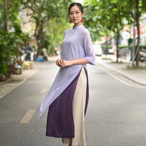 Double layer linen ao dai, Layers ao dai, Linen modern ao dai, Modern Vietnamese dress, Ao dai tunic dress, Vietnamese women dress LA-W30