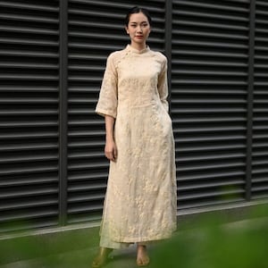 Beige linen ao dai women, Floral woven linen ao dai, Ao dai women with pants, Vietnamese tunic dress, Vietnamese modern ao dai LA-W04