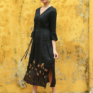 Hand embroidered black linen dress LANY, Linen midi dress with hand embroidery, Long sleeves linen dress, A-line linen dress, Custom dress