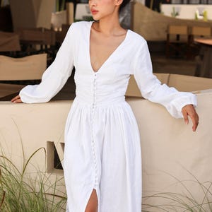 Deep V-neck linen dress AINE, Long sleeve dress, Button front dress, Wedding guest dress, Boho linen dress, Custom dress, Linen dress women