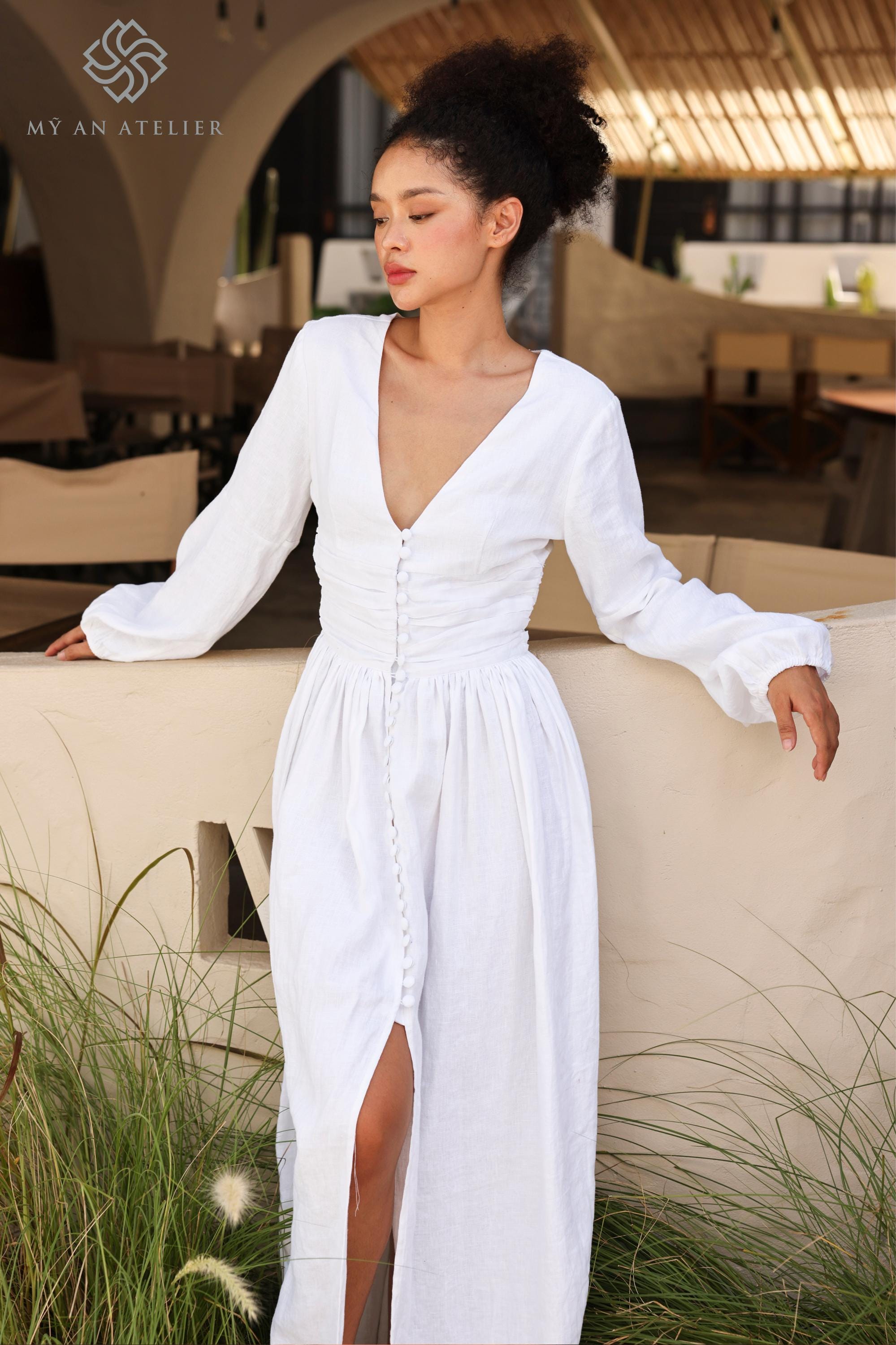 Deep V-neck Linen Dress AINE, Long Sleeve Dress, Button