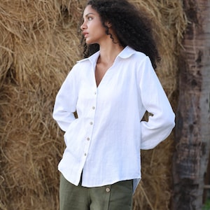 Linen button down shirt JANE, White linen blouse, Collared top, Long sleeve shirt, Custom top, Casual linen shirt for women, Linen clothing