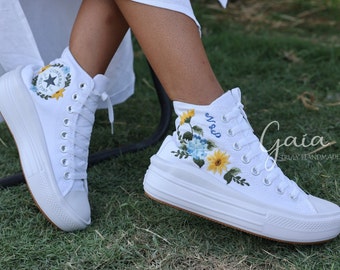 Custom bridal shoes SUNFLOWER, Floral embroidered Converse, Unique wedding sneakers with name dates, Boho wedding shoes, Wedding vans