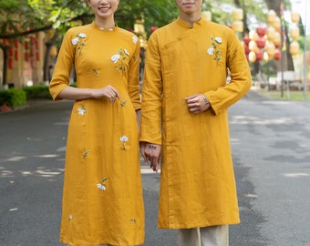 Ao dai wedding gold for couple, Vietnamese ao dai wedding for coupleCustom ao dai wedding, Hand-embroidered, Pure linen, Premium