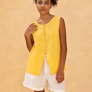 Linen front button top MANADO, Crew neck linen top, Sleeveless summer top, Linen casual top, Women linen top, Handmade tops for women