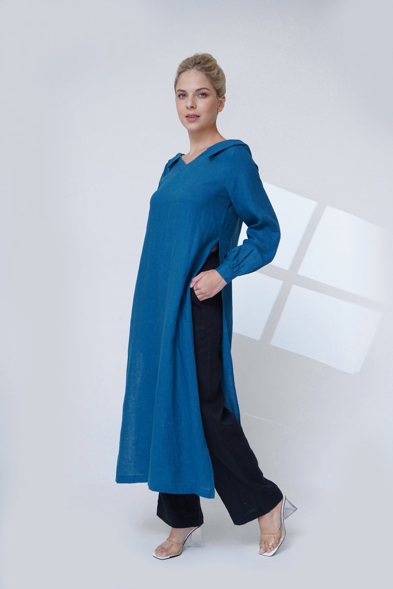 Linen kaftan dress outfit, V neck long linen tunic for women, linen tunic dress with pants, Tunic tops for women, Linen two piece set classy image 2