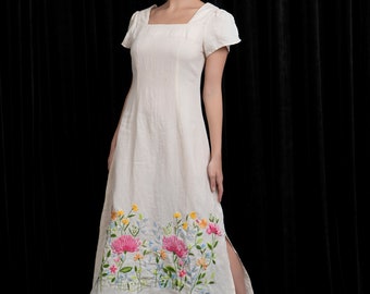 Hand Embroidered Square Neck Linen Dress AURORA, Wedding Guest Dress, Custom fit
