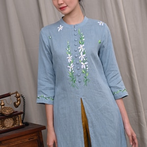 Hand embroidery ao dai women, Embroidered ao dai, Linen modern ao dai, Modern Vietnamese ao dai, Custom ao dai linen, Floral ao dai ELA-W01