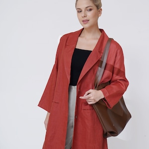 Linen Long Trench Coat for Women KAIA, Terra Cotta Long Jacket, Linen Spring Fall Coat, Linen Coat with Pockets, Linen Loose Coat for Women