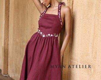 Hand Embroidered Halter Linen Dress VELINA, Wedding Guest Dress, Custom fit