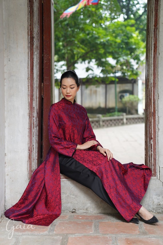 Silk Vietnamese bridal dress, Red Ao dai wedding, Ao dai women modern, Vietnamese dress with pants, Ao dai custom size, Casual Ao dai AS60