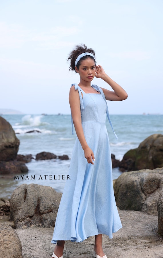 Square Neck Tie Shoulder Maxi Linen Dress VIVARA, Wedding Guest Dress, Custom Fit