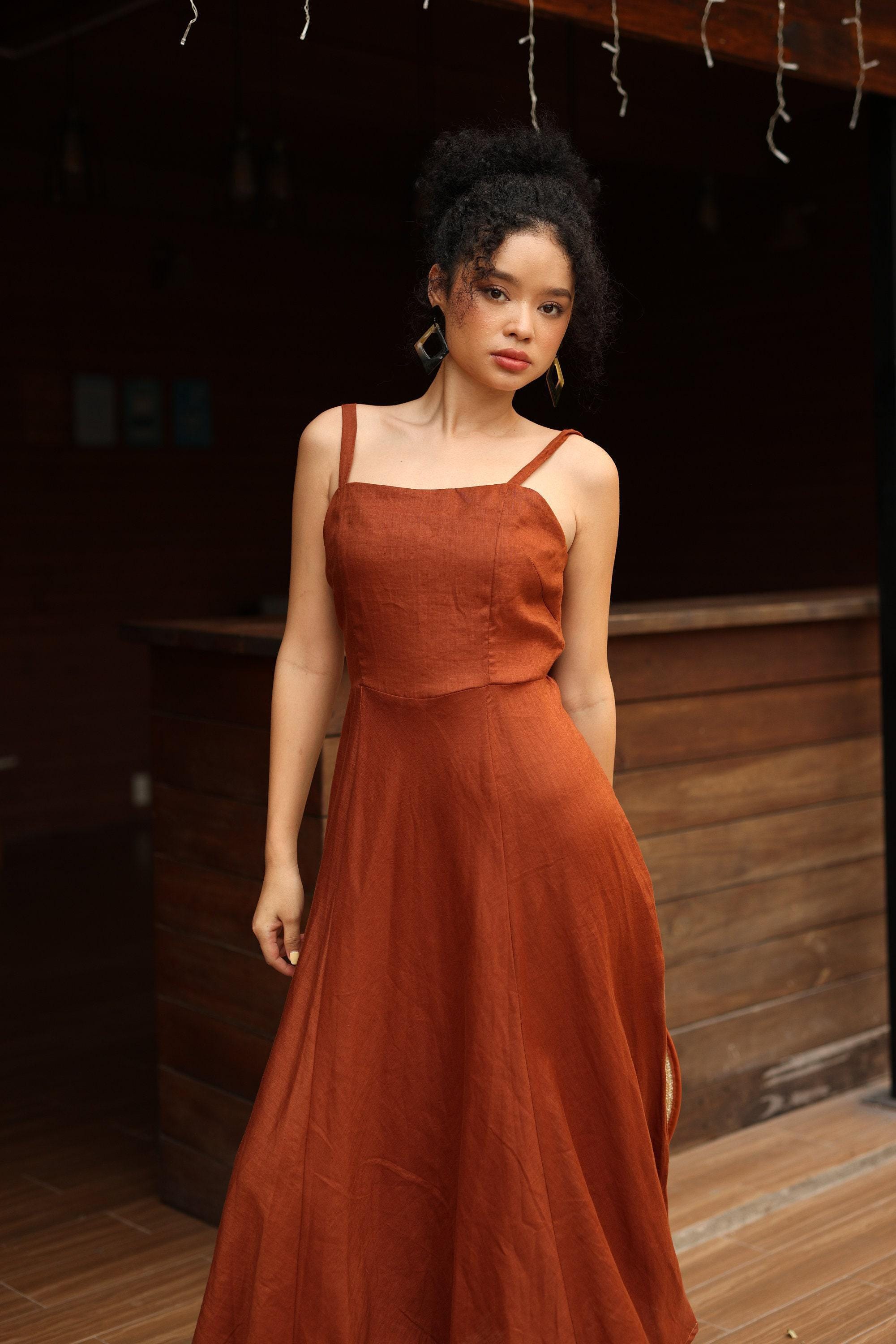 Spaghetti Strap Square Neck Linen Dress MIA, Wedding guest dress, Custom fit