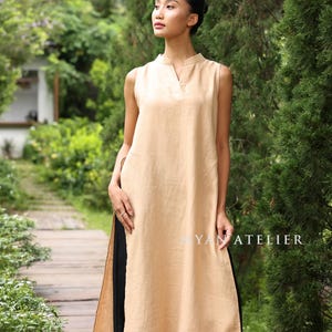 V-neck linen tunic dress VELIN, Sleeveless summer top, Linen summer tunic, Side slit linen tunic top, Custom tunic, Linen tunics for women