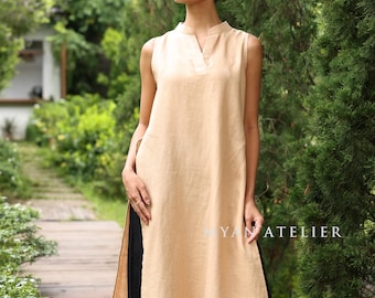 Sleeveless Linen Tunic Dress VELIN - V-Neck Summer Long Top - Custom Made