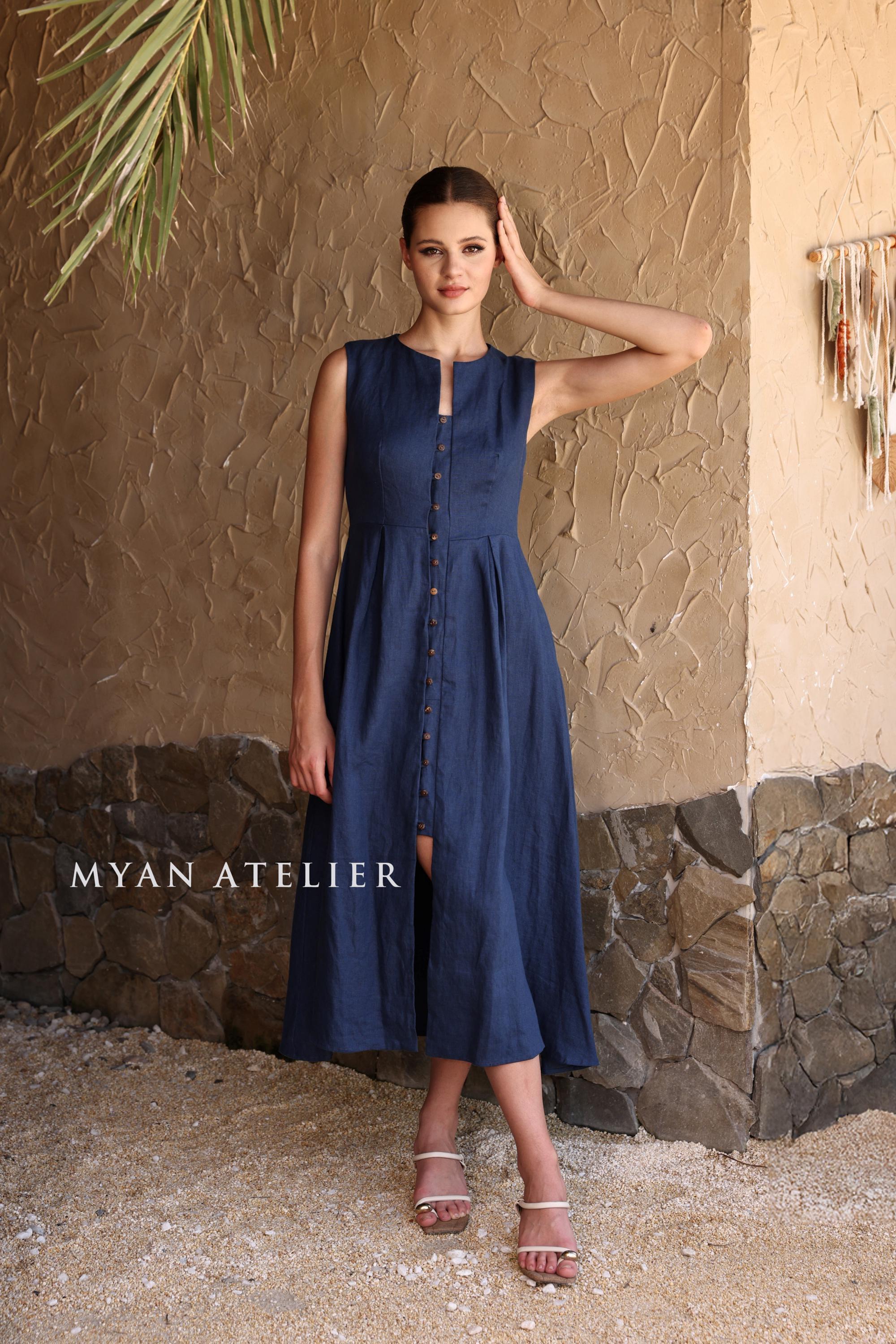 midi reversible a line dress pockets Linen A-line SYLINA, Sleeveless Button-Down Dress, Custom fit this midi christmas wedding dresses Tailored Silk A-Line Wedding Color:Dark Brown