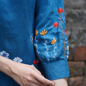 Handmade Embroidery Linen Dress KAI, Linen Dress for Wedding Guest, Linen Dress with Long Sleeves, Linen Midi Dress Women, Custom dress