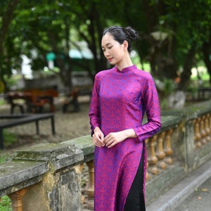 Purple silk Vietnam women dress, Traditional dress of Vietnamese, Ao dai women with pants, Plus size Vietnamese dress, Vietnamese tunic AS44