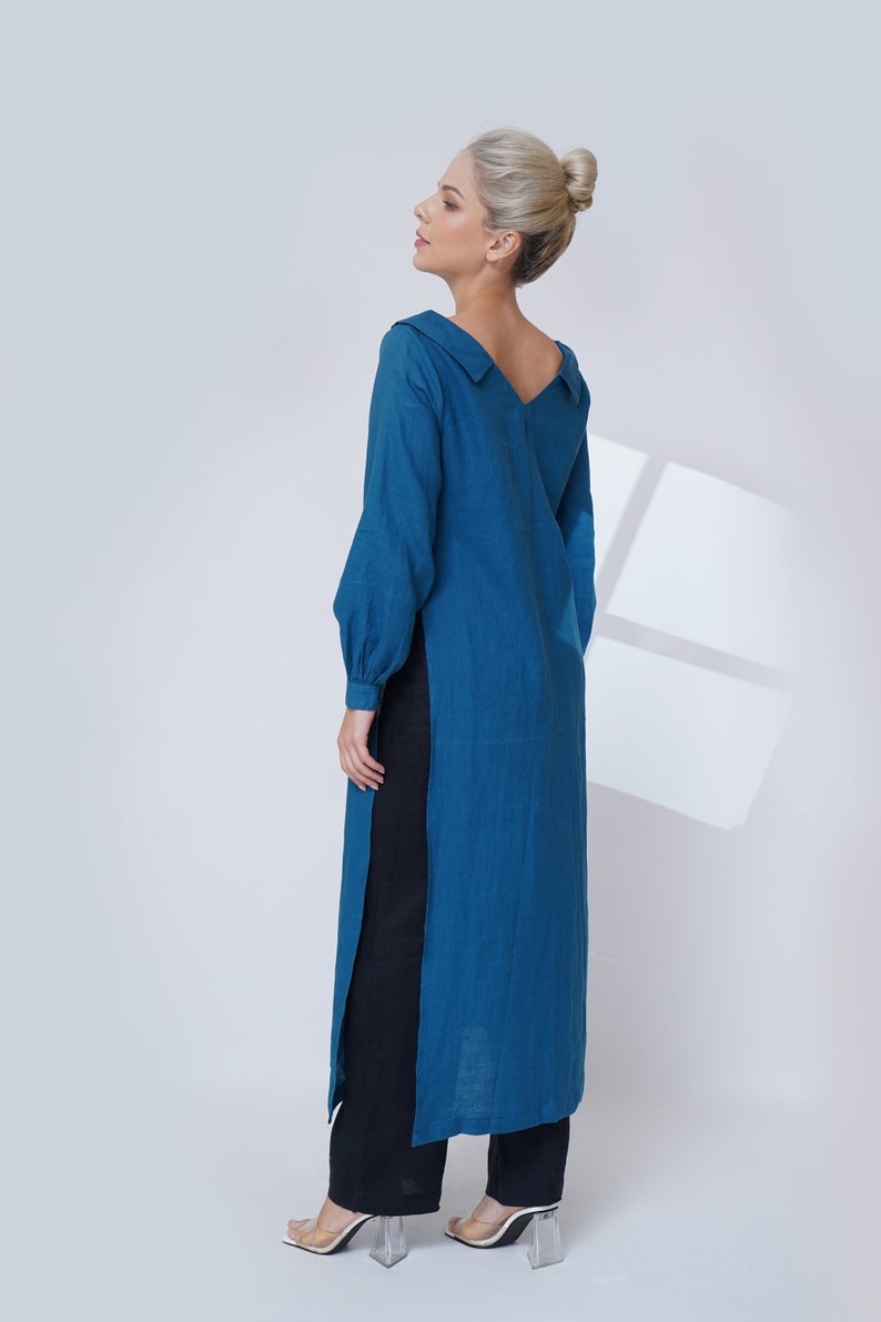 Linen kaftan dress outfit, V neck long linen tunic for women, linen tunic dress with pants, Tunic tops for women, Linen two piece set classy image 3