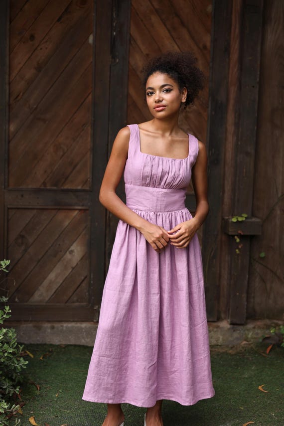Gathered Bust Square Neck Linen Dress AURELIA, Wedding guest dress, Custom fit