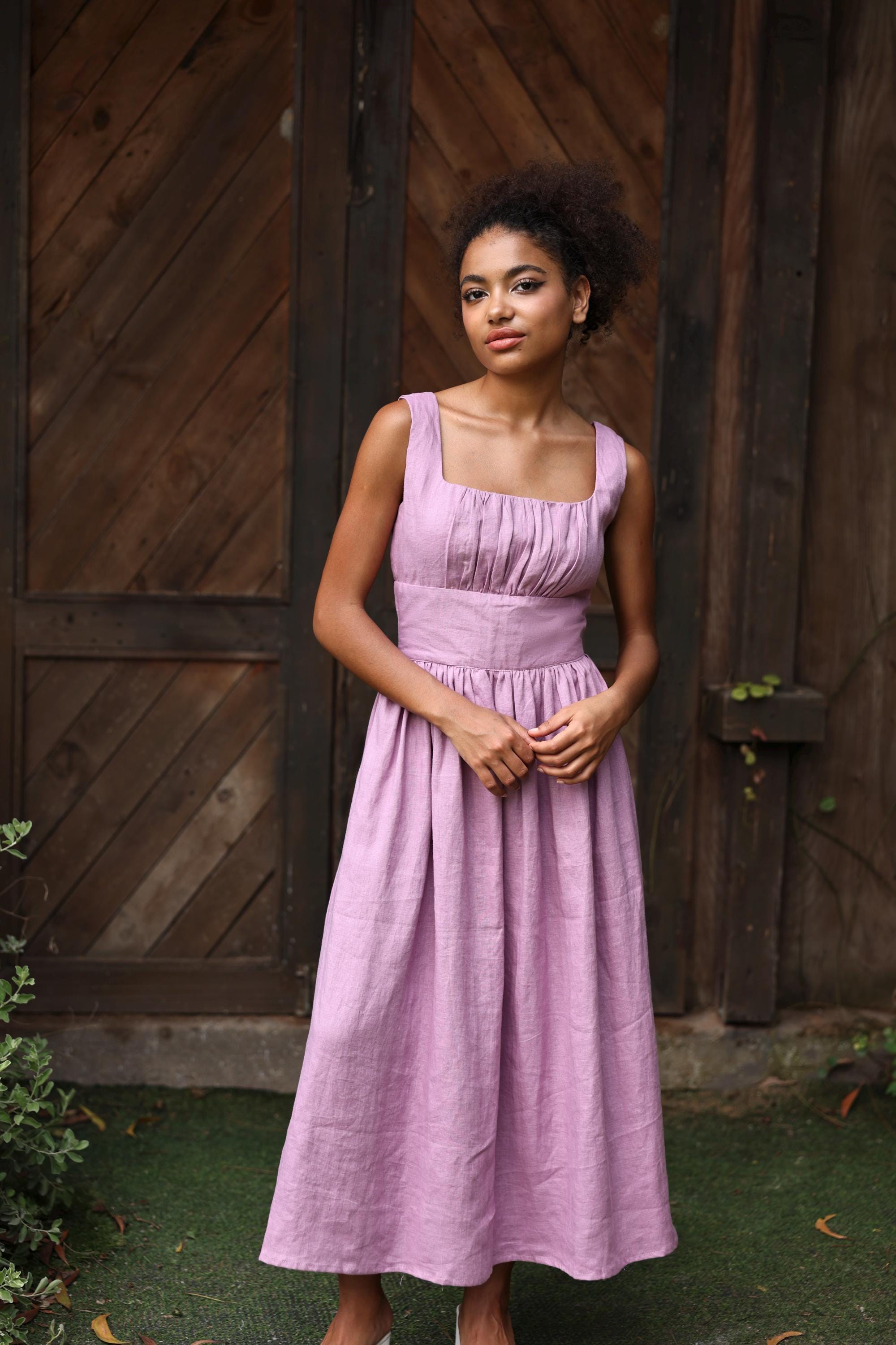 Gathered Bust Square Neck Linen Dress AURELIA, Wedding guest dress, Custom fit Gathered Bust Square Neck Linen Dress AURELIA, Wedding guest dress, Custom fit