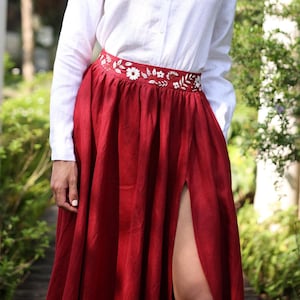Hand embroidered linen skirt FLORA, Maxi skirt boho, High slit skirt, Gathered linen skirt, Embroidered midi skirt, Gathered waist skirt