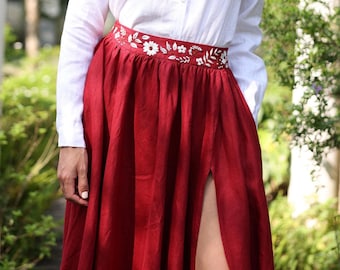 Hand embroidered linen skirt FLORA, Maxi skirt boho, High slit skirt, Gathered linen skirt, Embroidered midi skirt, Gathered waist skirt